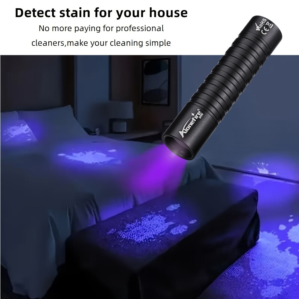 Mini linterna LED UV AloneFire: luz negra dual de 365 nm/395 nm, recargable por USB, linterna de bolsillo de alto brillo para tinta invisible, esmalte de uñas, manchas de mascotas y más.