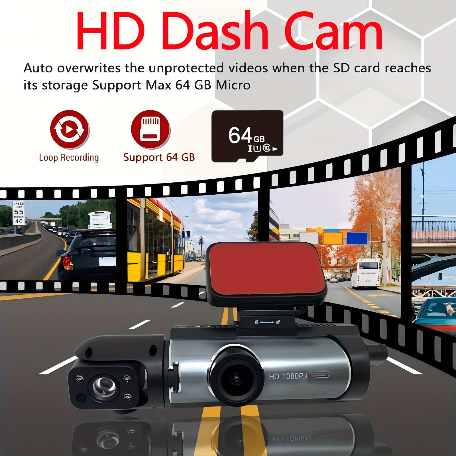 Ouyaaqii HD Dash Cam with 64GB High-Speed Memory Card, Fast Car Charger Bundle, 1080P Night Vision, Alloy Sun-Proof Case, Front & Interior Dual Lens - Upgraded Security Camera