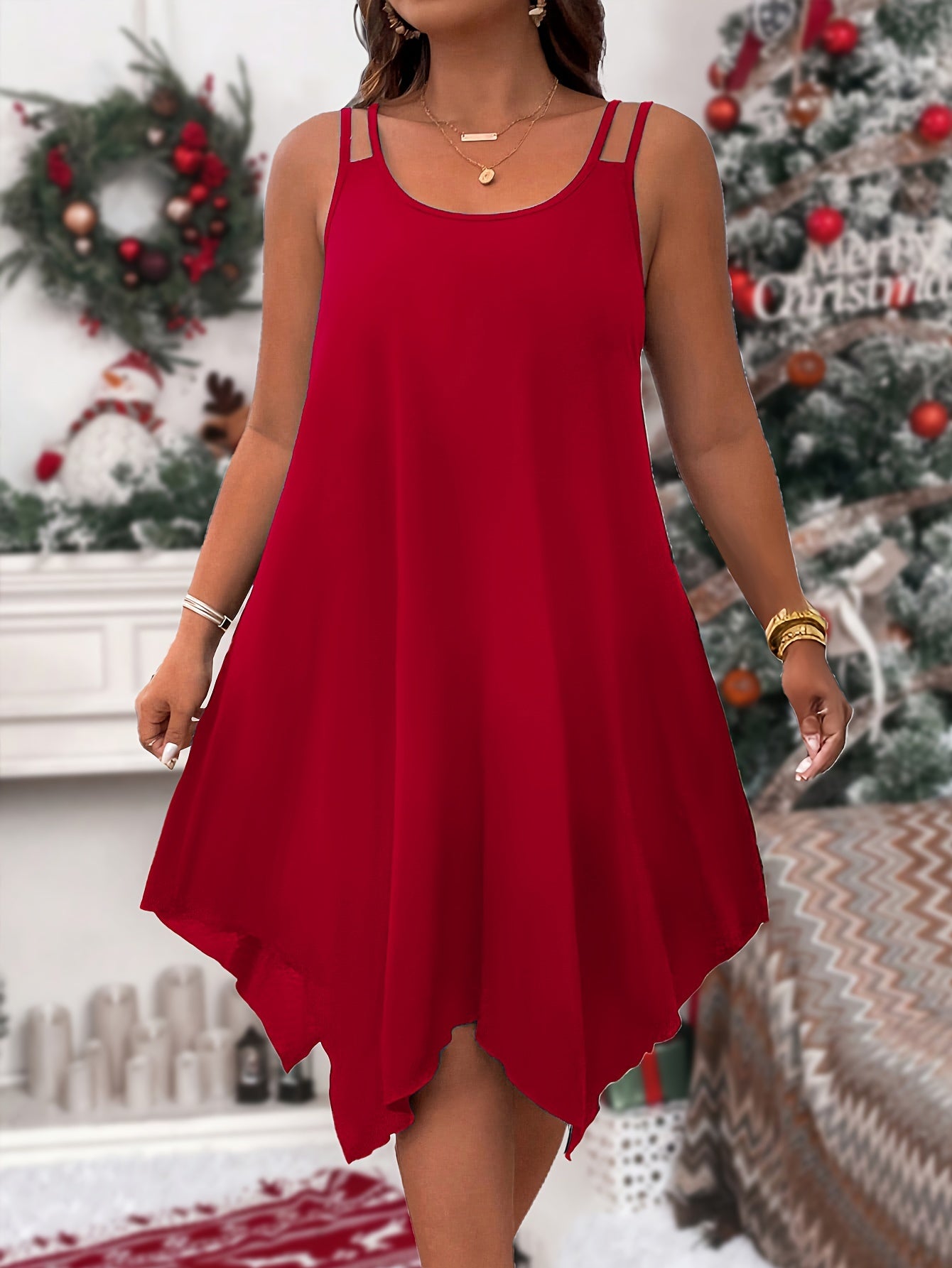 Plus Size Solid Irregular Hem Cami Dress, Casual Sleeveless Dress For Spring & Summer, Women's Plus Size Clothing