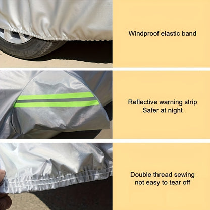 UV-Resistant & Dustproof Car Cover with Reflective Safety Strips - Fits Cars, SUVs, Pickups & Hatchbacks, Durable Polyester, Silvery