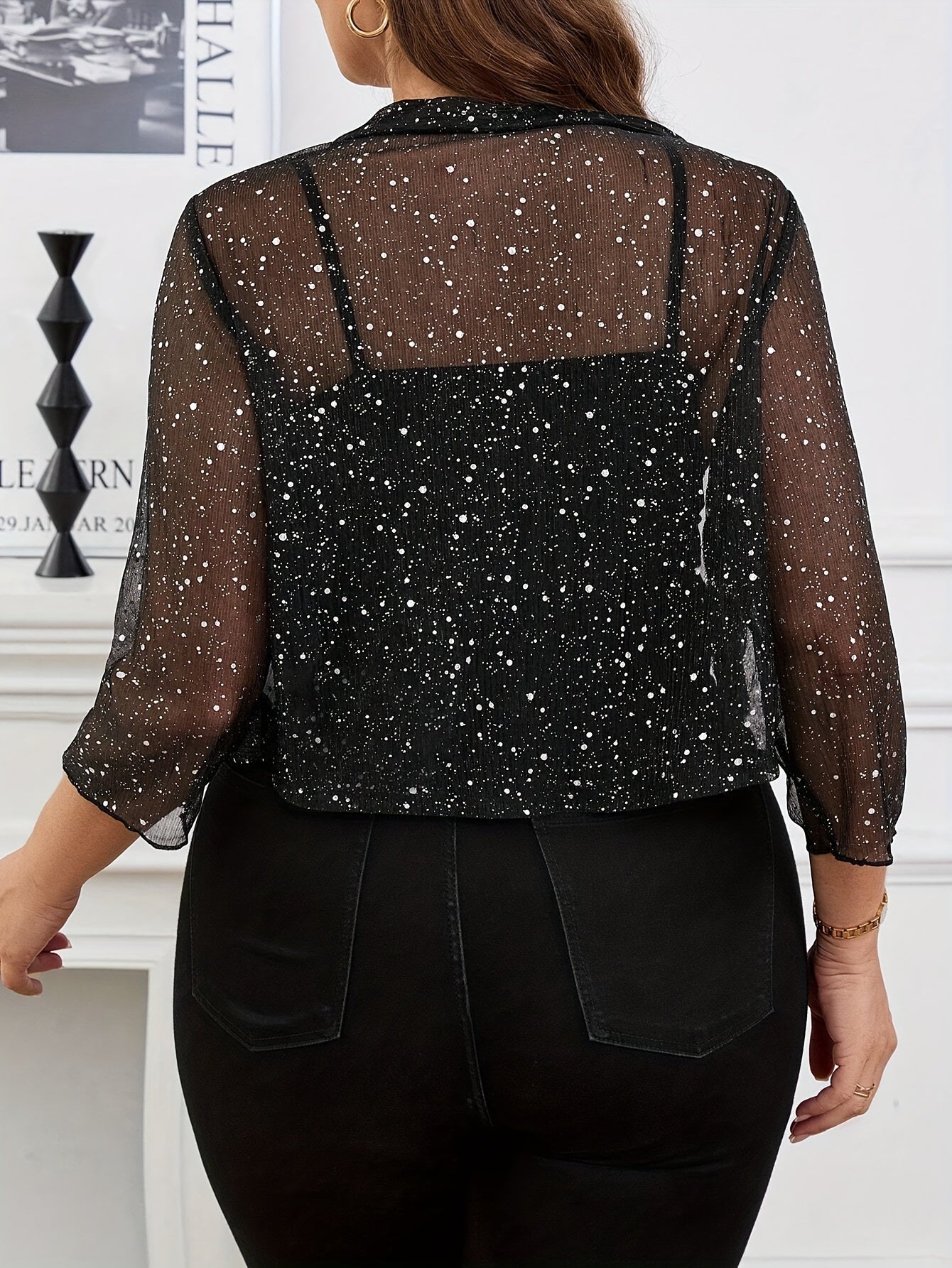 Chic Plus Size Mardi Gras Sheer Jacket with Silvery Foil Detail - Casual Open Front, 3/4 Sleeve, Machine Washable