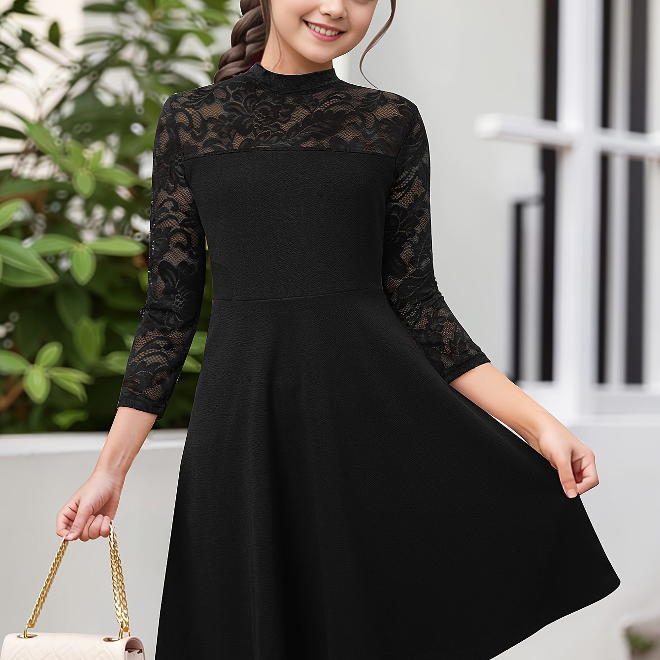 Elegante vestido de niña con encaje y cremallera, de corte A, color liso, mezcla de poliéster elástico, ideal para primavera, verano y otoño.
