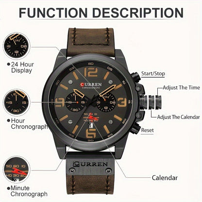 Reloj CURREN Cronógrafo para hombre, reloj de cuarzo clásico retro, reloj analógico con calendario, reloj de pulsera de cuero sintético con fecha.