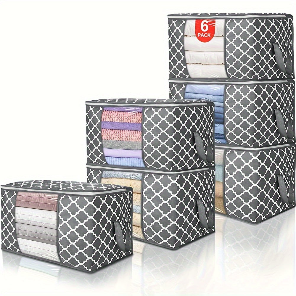 6pcs Set 90L Gray & White Printed Clothes Organizer with Lids - Collapsible, Waterproof Storage Bins with Reinforced Handles and Transparent Viewing Window for Bedding, Blankets, Toys, Under-Bed Storage