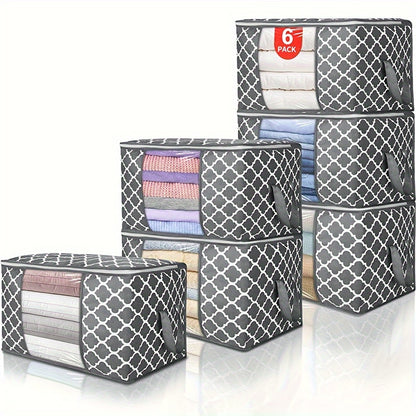 6pcs Set 90L Gray & White Printed Clothes Organizer with Lids - Collapsible, Waterproof Storage Bins with Reinforced Handles and Transparent Viewing Window for Bedding, Blankets, Toys, Under-Bed Storage