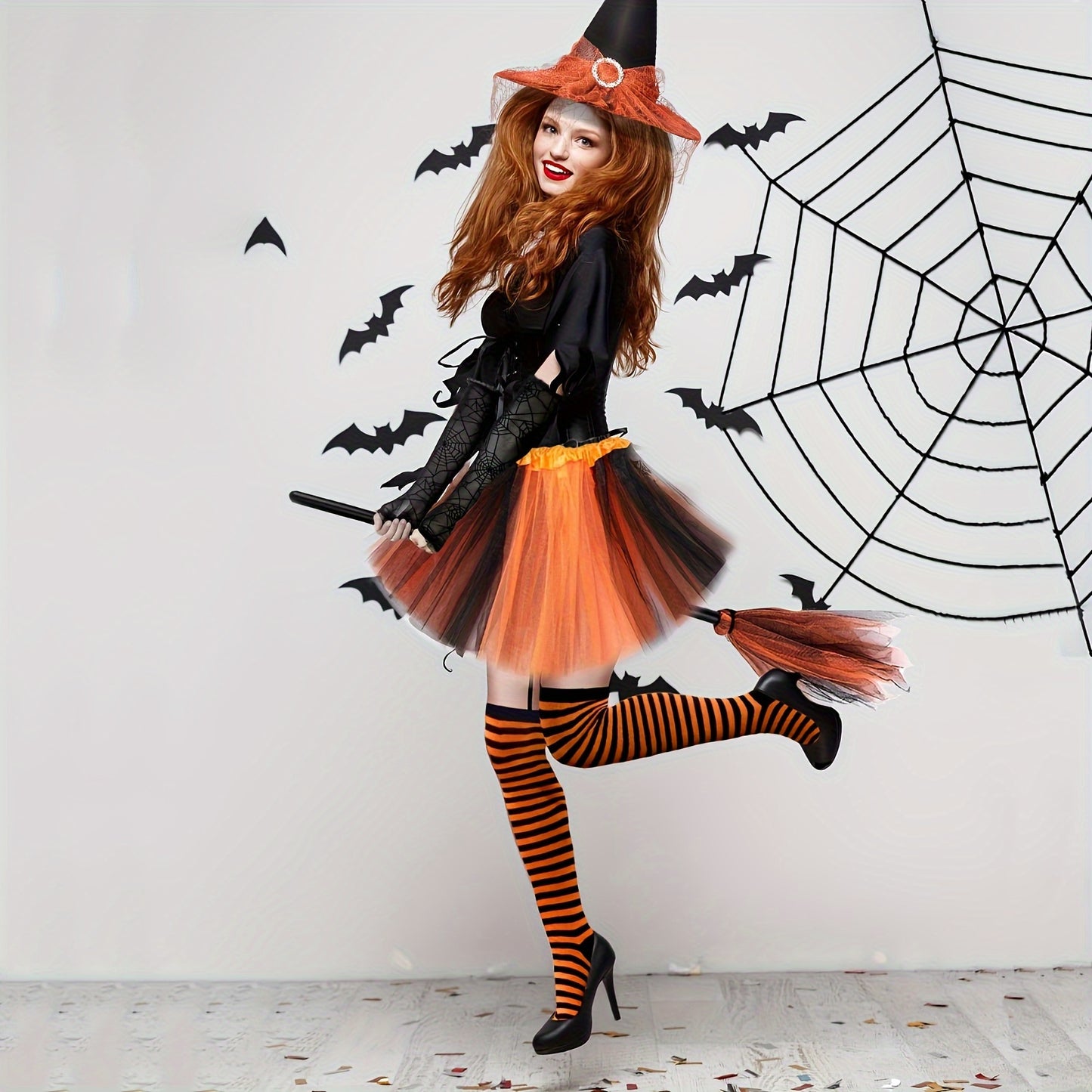 3 Pcs Halloween Witch Costumes for Women: Gothic Cosplay Witch Hat, Tutu Skirt, Striped Knee High Socks Set