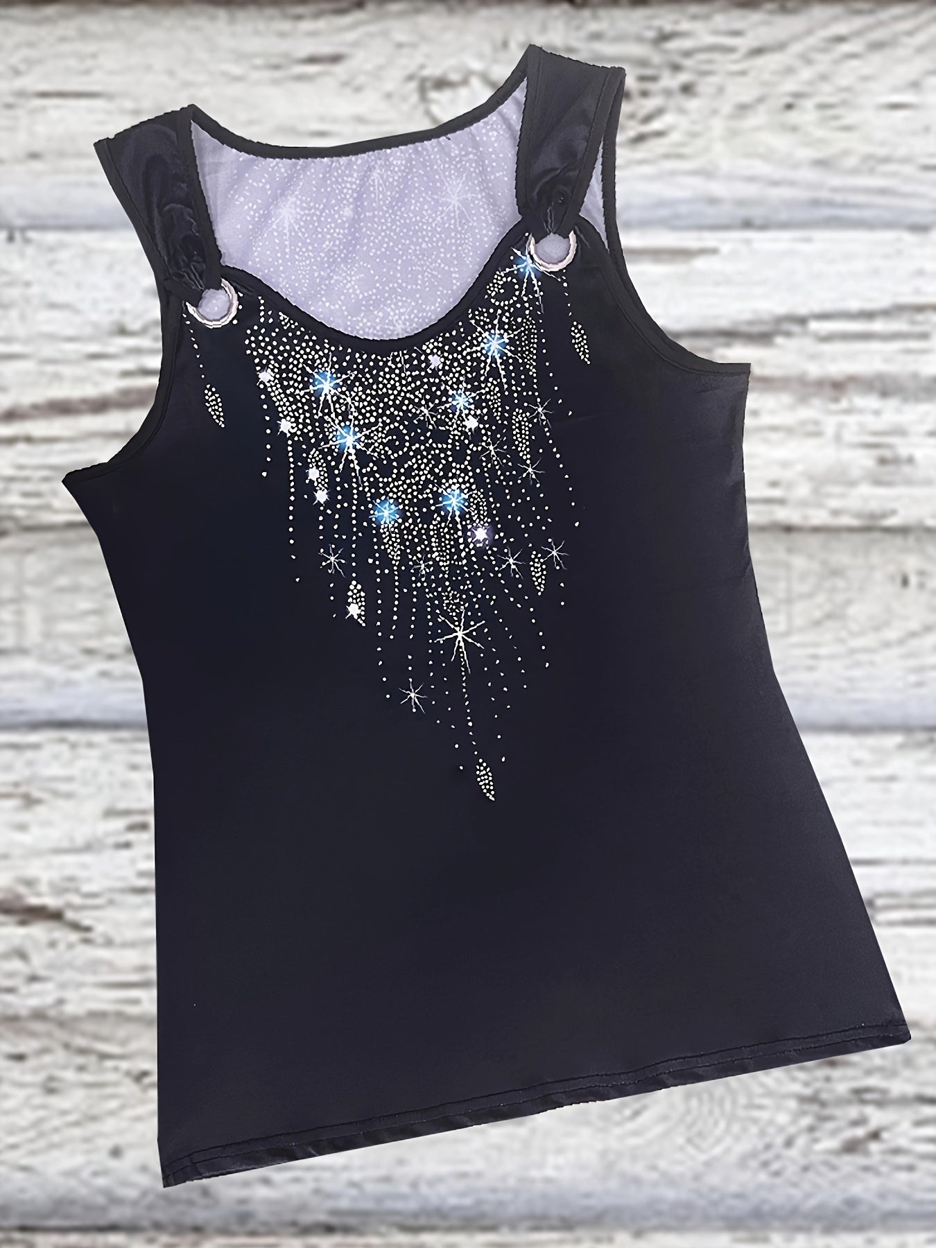 Women's Elegant V-Neck Tank Top with 3D Geometric Print, Ring Detail & Sleeveless Design - Stretchy Polyester Blend for Summer Casual Wear