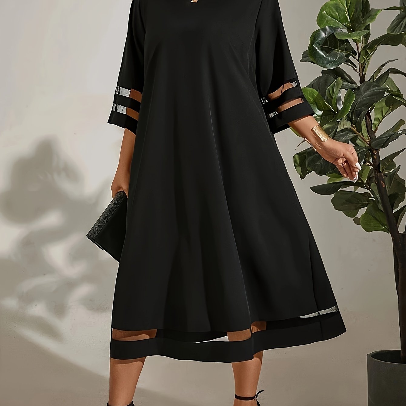 Elegant Plus Size Midi Dress with Contrast Mesh Detail - Crew Neck, 3/4 Sleeve, Non-Stretch Polyester Blend - Machine Washable - Perfect for Spring & Summer