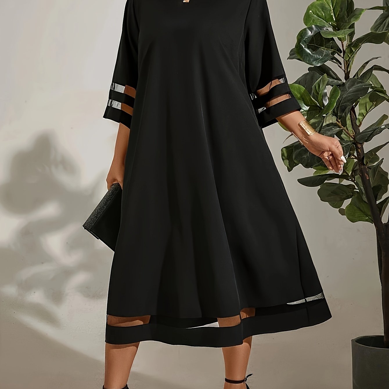 Elegant Plus Size Midi Dress with Contrast Mesh Detail - Crew Neck, 3/4 Sleeve, Non-Stretch Polyester Blend - Machine Washable - Perfect for Spring &amp; Summer