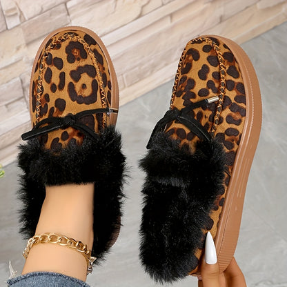 Women's Leopard Print Short Boots, Fashion Plush Lined Winter Shoes, Comfortable Ankle Boots