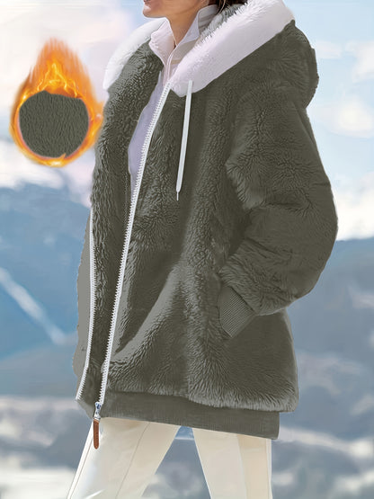 Plus Size Fuzzy Hooded Coat, Casual Long Sleeve Zipper Coat With Pockets, Women's Plus Size Clothing