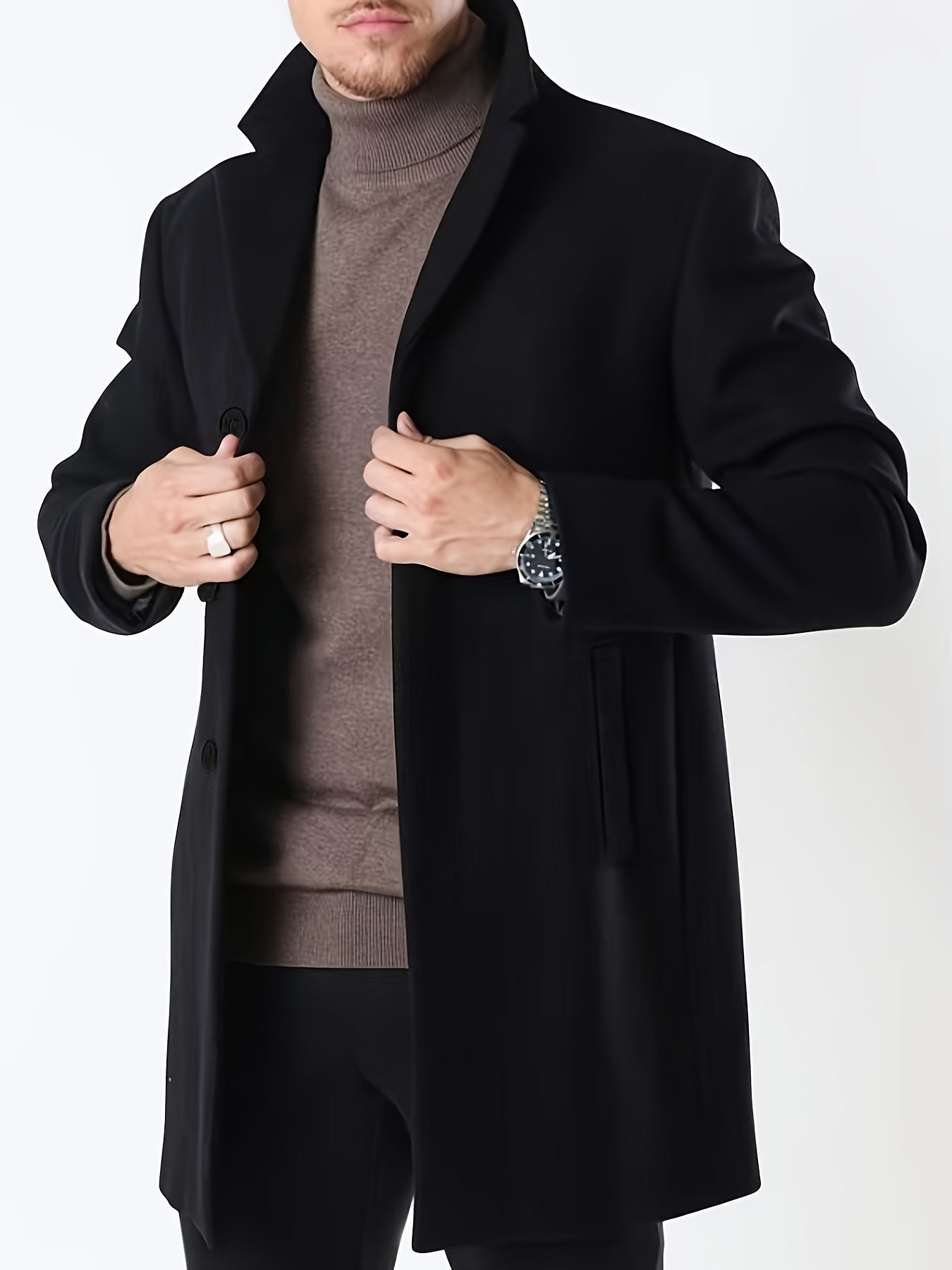 Men'S Classic Single-Breasted Trench Coat, Polyester 100% Solid Color, Casual Lapel Collar, Regular Fit, Non-Stretch Woven Fabric, Business Casual Fall/Winter Outerwear