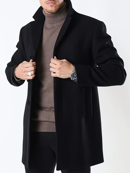 Men'S Classic Single-Breasted Trench Coat, Polyester 100% Solid Color, Casual Lapel Collar, Regular Fit, Non-Stretch Woven Fabric, Business Casual Fall/Winter Outerwear