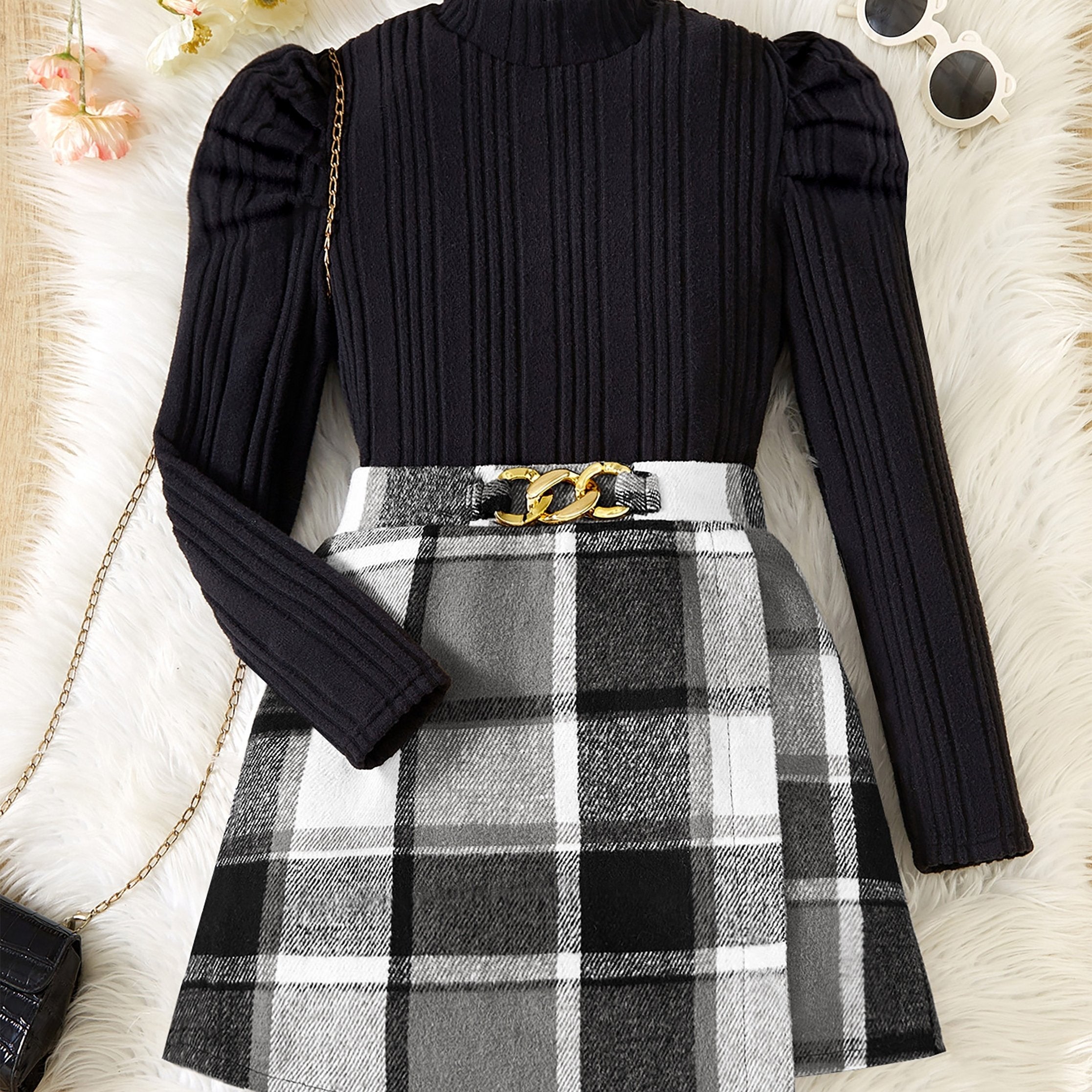 Elegant Girls' 2pcs Set: Mock Turtleneck Long Sleeve Top with Asymmetrical Plaid Skirt & Waist Detail - Machine Washable, Polyester Blend