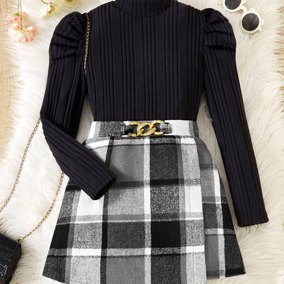 Elegant Girls' 2pcs Set: Mock Turtleneck Long Sleeve Top with Asymmetrical Plaid Skirt & Waist Detail - Machine Washable, Polyester Blend