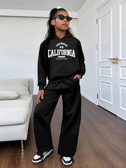 Conjunto de sudadera con capucha y pantalón ancho para niña, informal, con estampado de letras y dibujos animados, 304, poliéster elástico, corte holgado, otoño/invierno, tejido de punto, ropa juvenil, para exteriores.