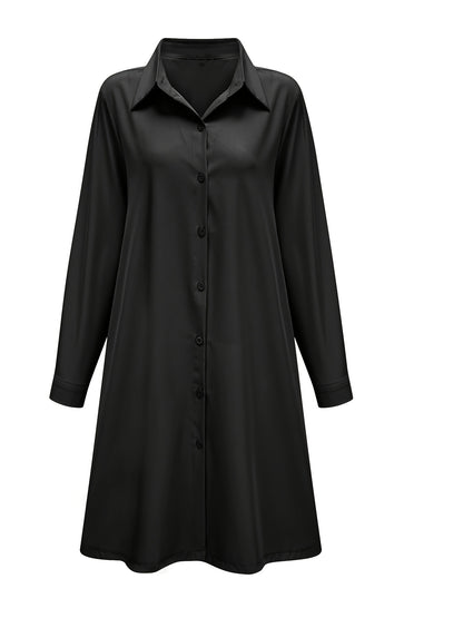 Plus Size Casual Dress, Women's Plus Solid Button Up Long Sleeve Turn Down Collar Shirt Dress