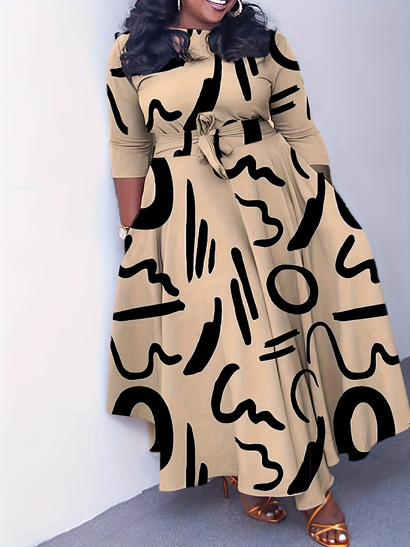 Elegante vestido de poliéster de talla grande con cinturón: cuello redondo elástico cómodo, estilo informal para el fin de semana, dobladillo recto, silueta grande con bolsillos, manga corta, tejido de punto jersey para primavera, verano y otoño.