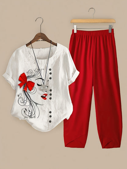 Plus Size Women'S Printed Top & Cropped Pants Set - Vacation Style, Crew Neck, Non-Stretch Fabric with Pocket Detail, Portrait Pattern, Lash Sets for Casual Wear, Vacation Outfit | Playful Print Top | Polyester Fabric