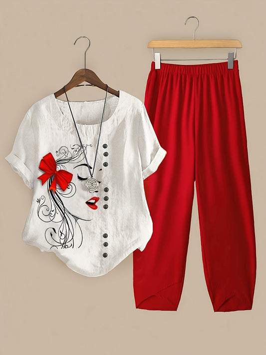 Plus Size Women'S Printed Top & Cropped Pants Set - Vacation Style, Crew Neck, Non-Stretch Fabric with Pocket Detail, Portrait Pattern, Lash Sets for Casual Wear, Vacation Outfit | Playful Print Top | Polyester Fabric