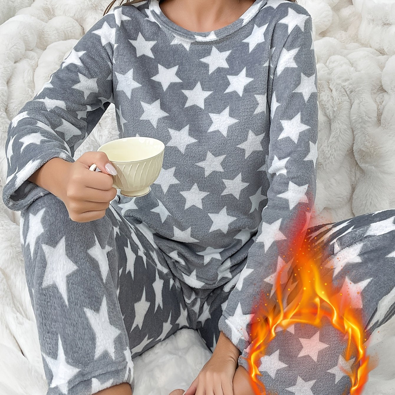 Women'S Polyester 100% Knit Pajama Sets - Casual Crew Neck Long Sleeve Top and Pants with Pattern Detail, Cozy Flannel Loungewear for Fall/Winter