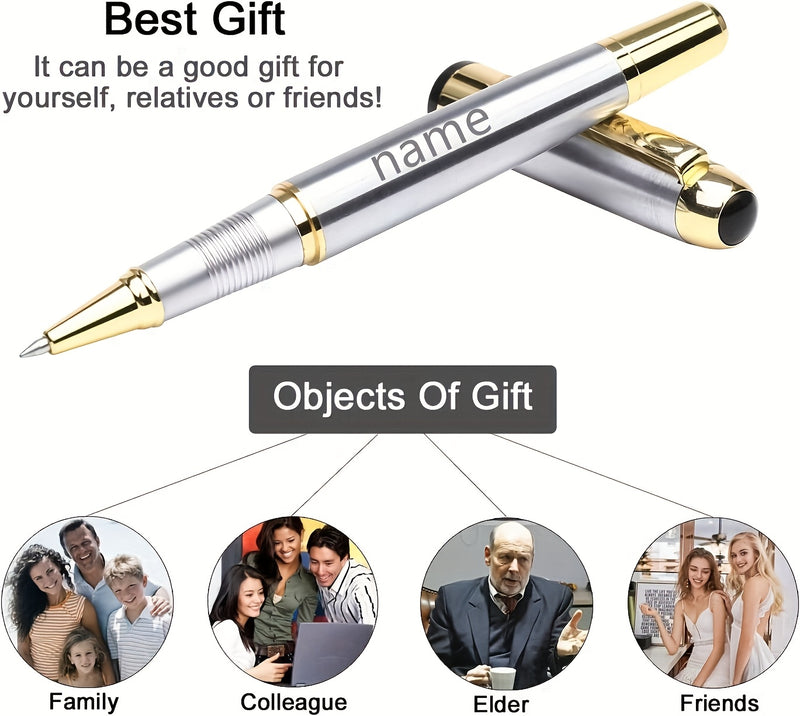1pc Luxury Personalized Metal Ballpoint Pen Set with 2 Refills and Gift Box - Black & Silver, Engraved Name, Elegant Office and Business Men'S Gift
