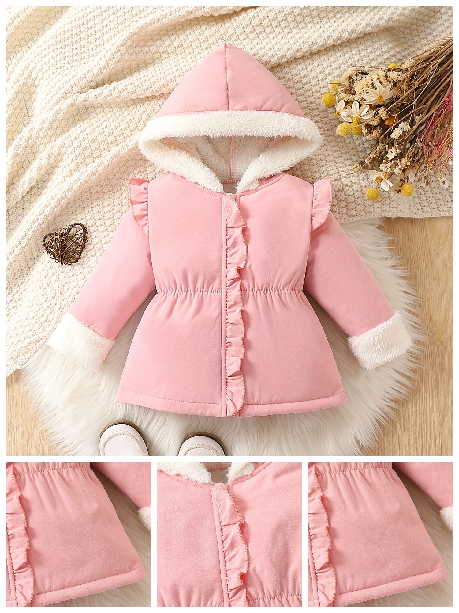 Chaqueta cálida de forro polar artificial con capucha para niños pequeños, abrigo exterior con bonitos volantes, ropa para niña para otoño e invierno.