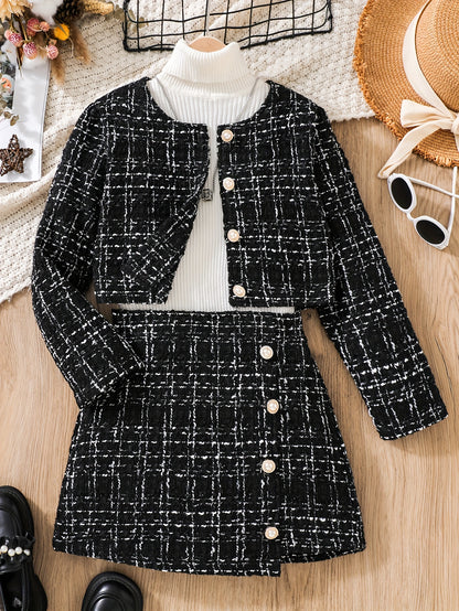 [2pcs] Elegant Tweed Knit Crew Neck Plaid Jacket + Skirt Set Girls Outdoor Outfit, Suitable For Spring Fall