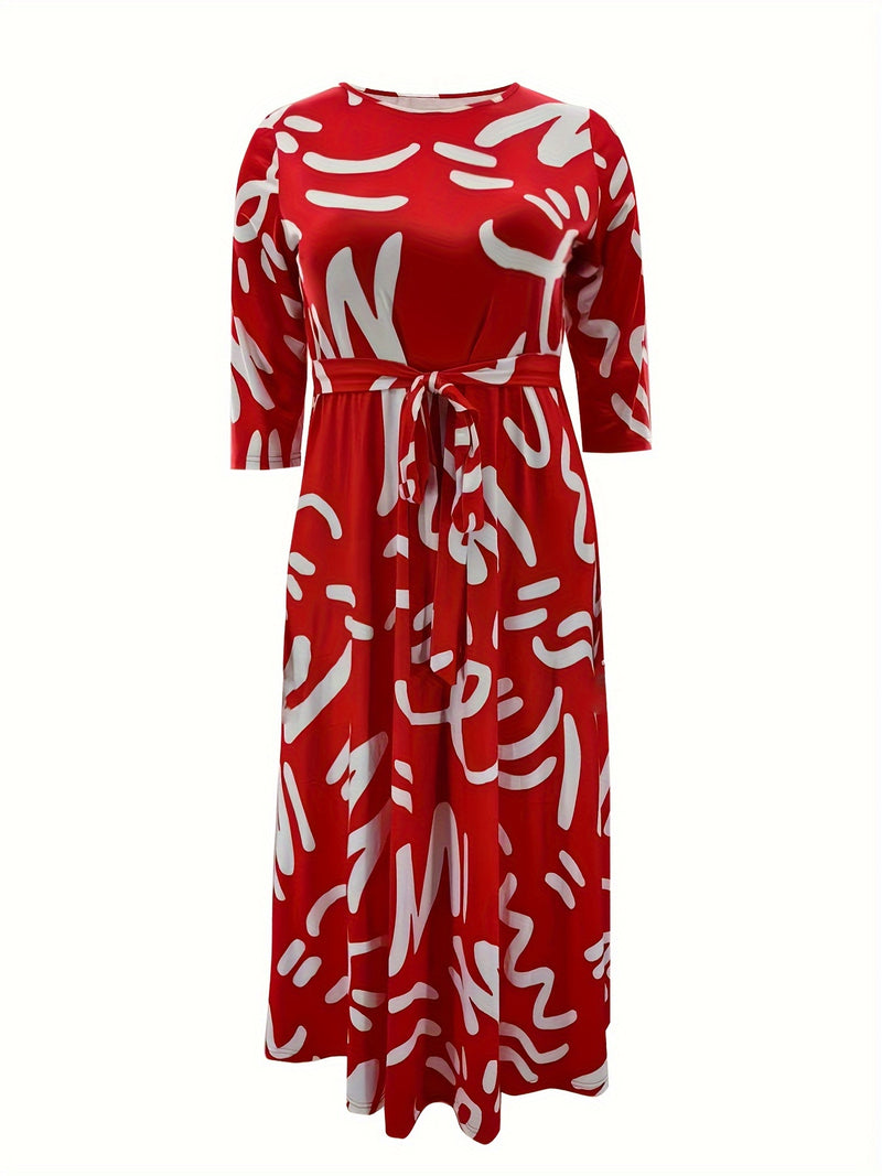 Elegant Women's Plus-Size Dress with Tie Waist, Casual Fashionable Long Sleeve Camouflage Print Knit Fabric with Pocket, X-Shape Fit, Round Neck, Straight Hem, No Bra Pad - Spring/Summer/Autumn