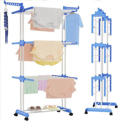 3-Tier Foldable Clothes Drying Rack with Wheels - Durable Metal & Plastic, Space-Saving Design for Indoor/Outdoor Use, Easy Assembly, Drying Racks
