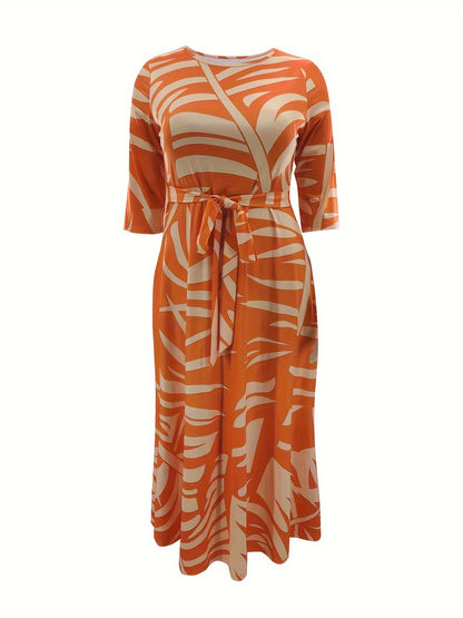 Elegante vestido de poliéster de talla grande con cinturón: cuello redondo elástico cómodo, estilo informal para el fin de semana, dobladillo recto, silueta grande con bolsillos, manga corta, tejido de punto jersey para primavera, verano y otoño.