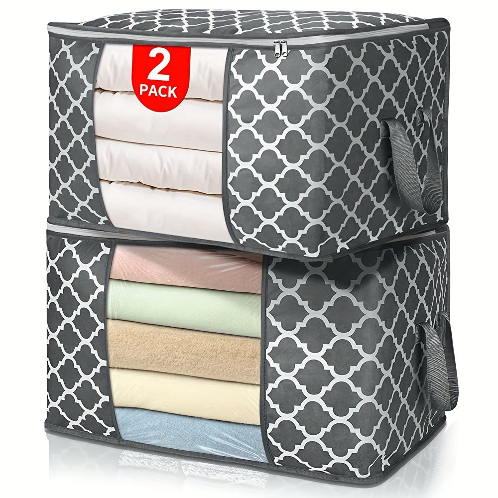 6pcs Set 90L Gray & White Printed Clothes Organizer with Lids - Collapsible, Waterproof Storage Bins with Reinforced Handles and Transparent Viewing Window for Bedding, Blankets, Toys, Under-Bed Storage
