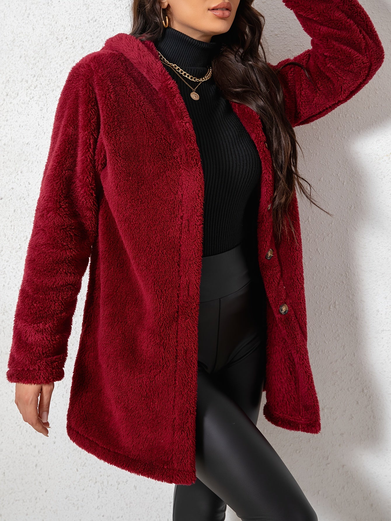 1pc Elegant Women'S Fleece Jacket, Polyester Knit Fabric, Solid Color, Fall/Winter Season, Cozy Warm Outerwear