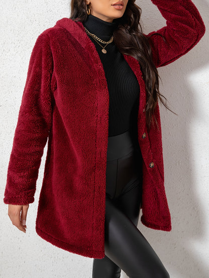1pc Elegant Women'S Fleece Jacket, Polyester Knit Fabric, Solid Color, Fall/Winter Season, Cozy Warm Outerwear