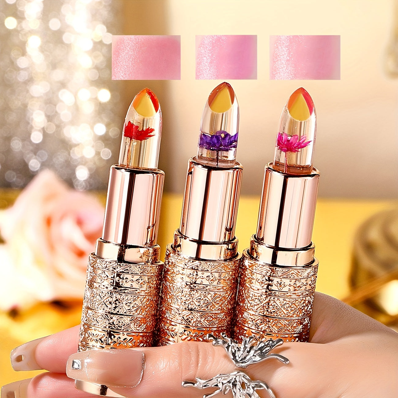 3pcs Hypoallergenic Petal Color-Changing Lip Balm with Vitamin E - Long-Lasting, Moisturizing, Temperature-Sensitive Lipstick in Metallic Tubes, Perfect Mother's Day Gift for Women