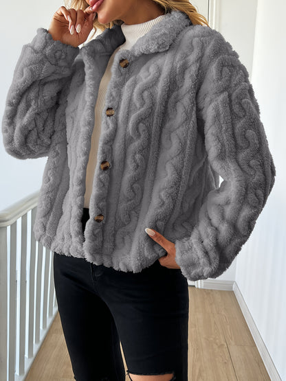 Abrigo elegante de piel sintética de manga larga para mujer, tejido de punto 100 % poliéster, color liso, abrigo de invierno para adulto.