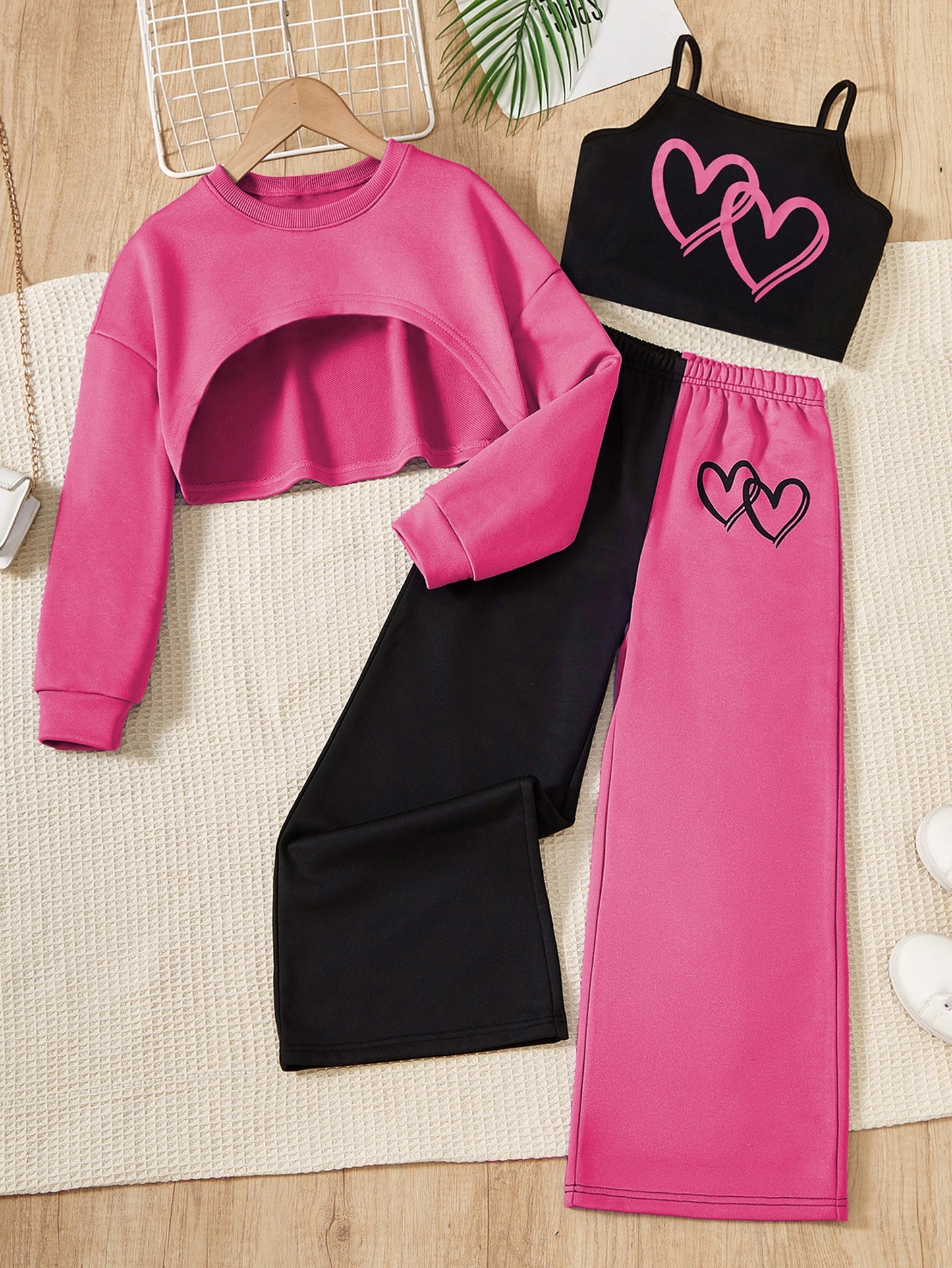 Conjunto para niña: camisola con estampado de corazones, top de manga larga y pantalón de exterior con bloques de color. Conjunto informal de 3 piezas para primavera y otoño. Regalo.