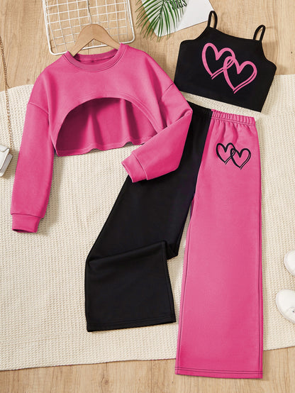 Conjunto para niña: camisola con estampado de corazones, top de manga larga y pantalón de exterior con bloques de color. Conjunto informal de 3 piezas para primavera y otoño. Regalo.