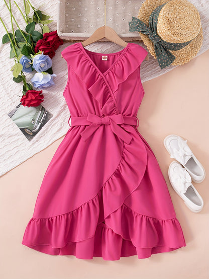 HWMFSNHFZ Elegante vestido de verano para niñas con cinturón, sin mangas y ribete de volantes lisos, ropa de fiesta