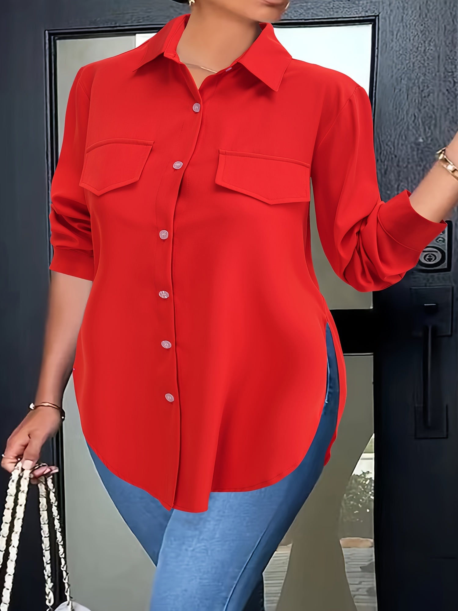 Blusa de talla grande con dobladillo curvo, informal, con cuello abotonado para primavera, ropa de talla grande para mujer.