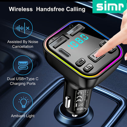 SIMR Wireless FM Transmitter Car Charger, Dual USB &amp; Type-C, 3.1A Fast Charging, MP3 Player, Hands-Free Calling, Audio Receiver with Ambient Light, USB Type-C Connector, Matte Finish, Female to Male Adapter