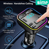 Cargador de coche con transmisor FM inalámbrico SIMR, doble USB y tipo C, carga rápida de 3,1 A, reproductor de MP3, manos libres, receptor de audio con luz ambiental, conector USB tipo C, acabado mate, adaptador hembra a macho.