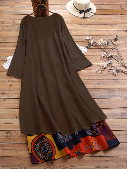 Plus Size 2-in-1 Graphic Print Dress, Casual Button Decor Crew Neck Long Sleeve Dress For Spring, Women's Plus Size Clothing