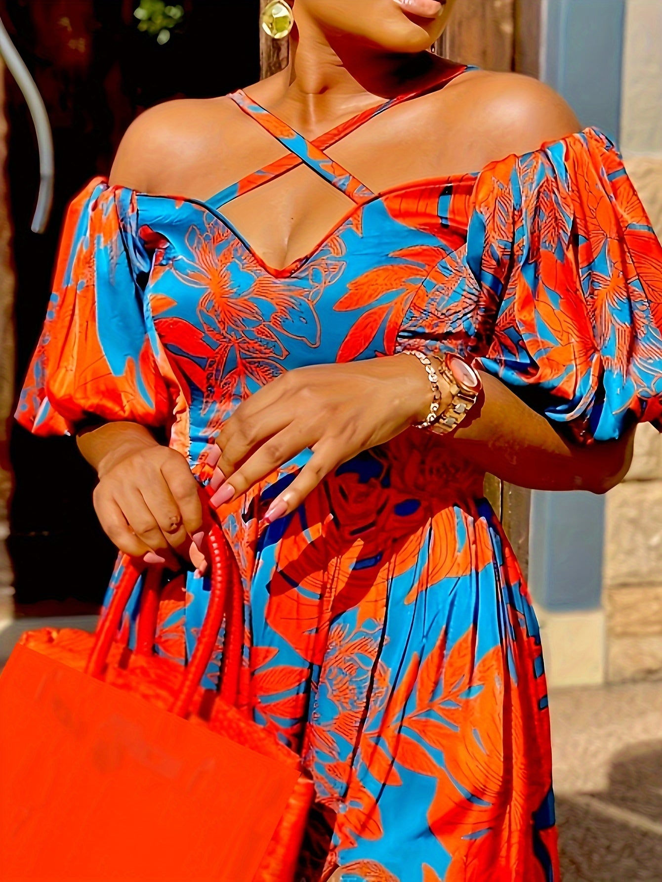 Vestido con cuello cruzado y estampado tropical de talla grande, estilo vacacional, con mangas abullonadas y dobladillo dividido, para primavera y verano, ropa de talla grande para mujer.