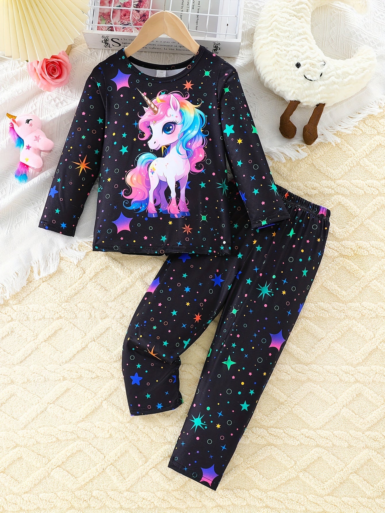 Little Girl 2pcs Set with Unicorn Long Sleeve Top and Star-printed Pants Set for Autumn and Winter, Casual and Cute Style, Home Wear Set