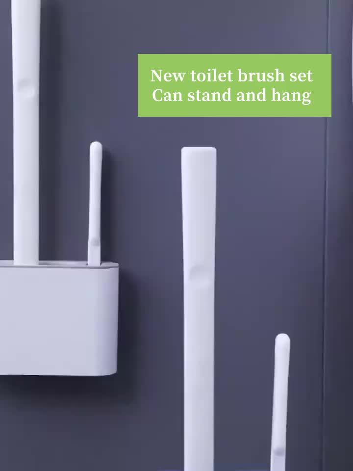 Wall-Mounted Toilet Brush Set, Silicone-Headed Bathroom Cleaning Kit, Space-Saving Long Handle Toilet Cleaner, Ergonomic Design, with 2 Brushes & Holder, for No Electricity Needed, Ideal for Living Room, Bathroom, Toilet, Kit