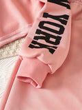 Girls' 3pcs Fashion Outfit, Short Hoodie and Tank Top with Athletic Pants Set, New York Print Casual Long Sleeve Top, Kids Spring/Summer/Autumn/Winter Clothing, Knitted Fabric, Stretchy, Letter Pattern, Regular Fit, Polyester