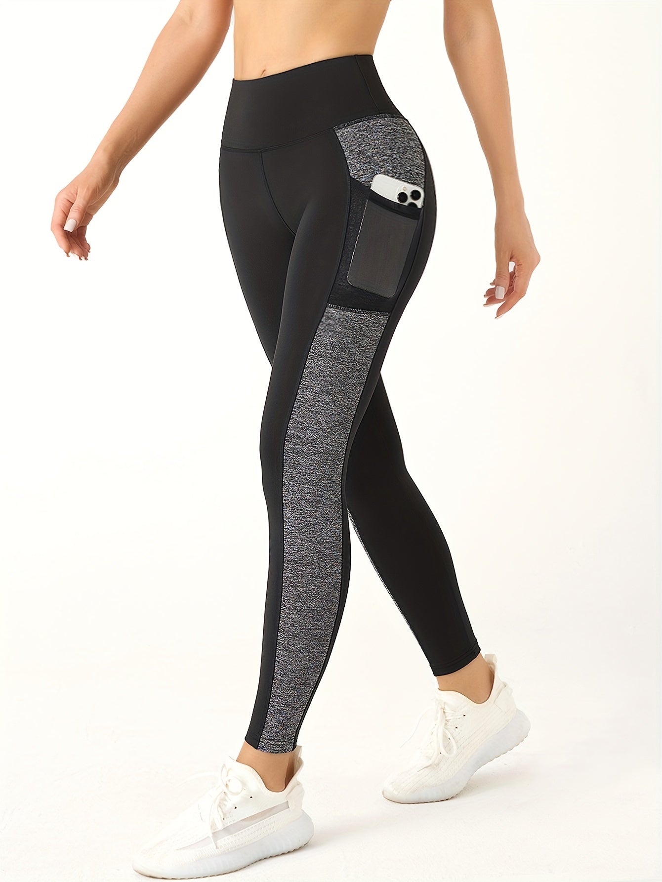 [1pc Women'S High Waist Yoga Leggings] 1pc Women'S High Waist Yoga Leggings with Contrast Color Pocket, Soft Stretchable Polyester Knit Sports Pants, Breathable Activewear for All Seasons