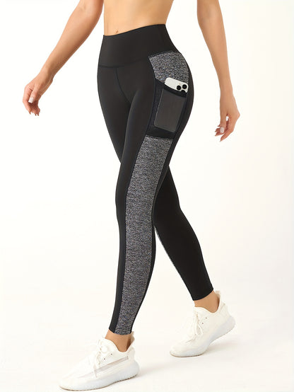 [1pc Women'S High Waist Yoga Leggings] 1pc Women'S High Waist Yoga Leggings with Contrast Color Pocket, Soft Stretchable Polyester Knit Sports Pants, Breathable Activewear for All Seasons
