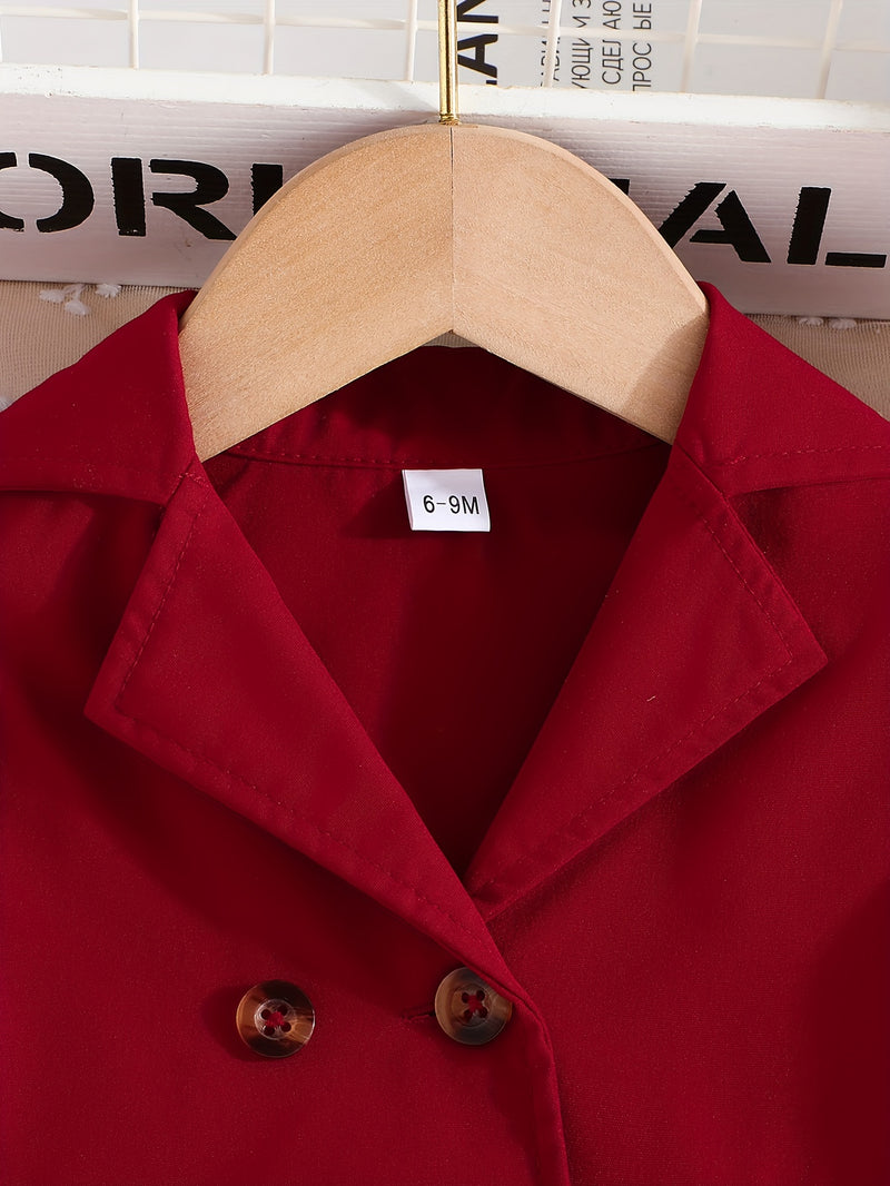 Baby Girls Fashion Button Long Sleeve Lapel Collar Coat + Bow Pleated Suspender Skirt Two-piece Set Outdoor Clothing